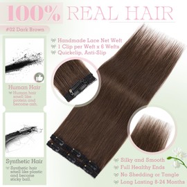 Elailite Clip-In Real Hair Extensions Brown Silk Lace in Wefts 6 Pieces Hair Extensions Clip Invisible 44 g 45 cm for Volume / Meches (#2 Dark Brown)