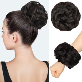RONTAYA Messy Bun Hair Pieces Wavy Curly Synthetic Updo Chignon Fake Scrunchies Ponytail Extension for Women Dark Brown