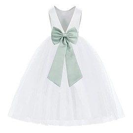 ekidsbridal White V-Back Satin Flower Girl Dress with Colored Sash Princess Gown 219T 2