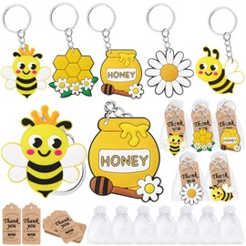 CiciBear 60 Pack Bee Party Return Favors with Bees, Honeypot, Honeycomb and Sunflower Keychains, 20 Tags and 20 Bags for Mommy to Bee, Baby to Bee Baby Shower, Kids Birthday, Happy Bee Day