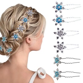 6 Pcs Snowflake Hair Clips for Women Snowflake Rhinestone U-Shape Hair Clips Christmas Fashionable Bride Hairpin Crystals Bobby Pins Headdress (Silver, Blue)