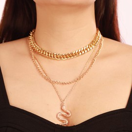 Jumwrit Dainty Layered Necklace with Snake Pendant Chunky Cuban Link Chain Choker Necklace Fashion Punk Long Tiny Twist Rope Chain Necklace Jewelry for Women Girls(Gold 1)