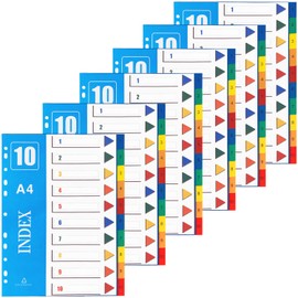 1-10 Part File Dividers A4【6 Pack】 Plastic A4 Folder Dividers for Ring Binders with11-Holes, Multi Colours File Divider for Lever Arch, Multipurpose Porous Index Dividers for School Home Work Office