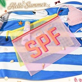 SOIDRAM 8PCS SPF Makeup Bag Clear Zippered SPF Bag Cosmetic Pouch Waterproof Travel Toiletry Organizer for Women Varsity Letter Patch Beach Pool Essentials