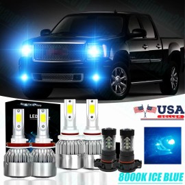 SHENKENUO For 2007-13 GMC Sierra 1500 2500 3500 Ice Blue LED Headlight Hi Low Fog Light 6x