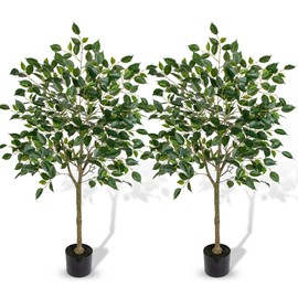 2 Pack Ficus Artificial Trees for Outdoors Indoor, 4ft Big Fake Plants with Pot and Realistic Leaves, Faux Plants Tall Outdoor for Home,Office, Living Room, Garden Decor