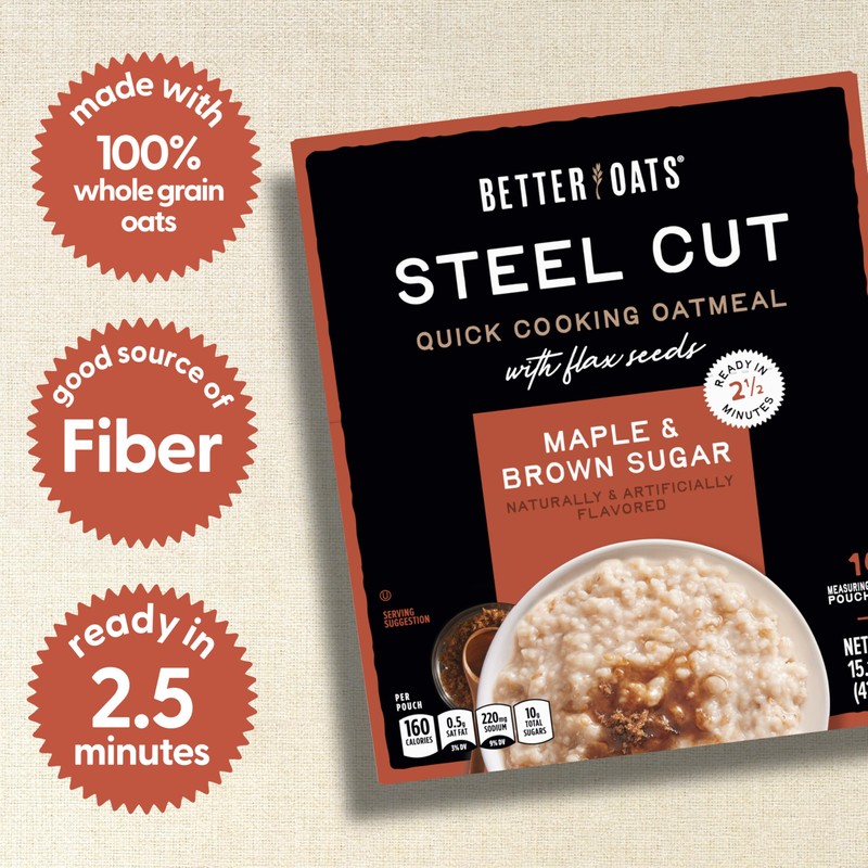Better Oats Steel Cut Instant Oatmeal Packets, Maple and Brown