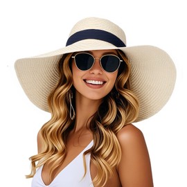 powerking Wide Brim Straw Sun Hat, UV Protection Summer Hat Packable Foldable Floppy Beach Sun Hats for Womens, Beige