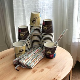 Generico Bio Coffee Kit 100 pcs, Disposable Compostable Biodegradable Coffee Cups, Glasses 75ml + Disposable Wood Scoops, ecostoviglie (75ml_90mm, multiscript_Wood)