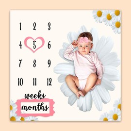 PHMOJEN Baby Monthly Milestone Blanket, Daisy Big White Blanket for Nursery, Unisex for Newborn 1-12 Months, Includes 4 Frame and 1 Headband 47"x47" BTLSPH383