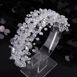 Octwine Vintage Bridal Gold Green Headpiece Handmade Wedding Headband Hair Vine Rhinestoens Headband Bridal Wedding Hair Accessories (Silver, Width1.9inches)