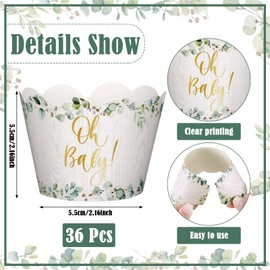36Pcs Baby Cupcake Wrappers Greenery Baby Shower Greenery Jungle Cupcake Wrappers Eucalyptus Green Cupcake Liners Greenery Decorations Baby Cupcake Holders for Gender Reveal Wedding Party (Wood Grain)
