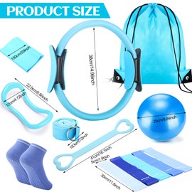RoundFunny Pilates Ring Circle Set 18 Pcs Exercise Equipment Accessories for Women Workouts Pilates Ball Stretching Strap Magic Circle Yoga Ring Gym Back Bag Resistance Band Anti Slip Socks (Blue)