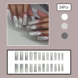 24 Pcs Christmas Press on Nails with Glue, Long Coffin Fake Nails Kit Fit & Natural False Nails with 3D Snowflake Design Acrylic Press on Nails Christmas Glue on Nails Winter Reusable Nails for Women