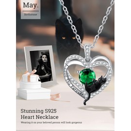 May Birthstone Emerald Jewellery Mother's Day Gifts Cat Necklaces for Women Sterling Silver Black Cat Heart Pendant Necklaces Cute Animal Gifts for Women