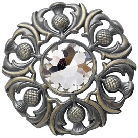 Elegant Scottish Kilt Fly Plaid Brooch - Premium Thistle Design with Sparkling stone, Handcrafted Tartan Sash Pin, Luxurious Highland Dress Accessory for Women's (Brass Antique, White)