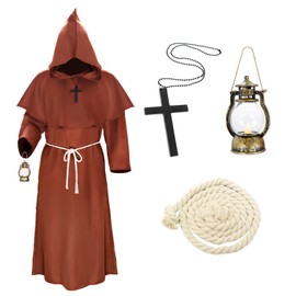 Adult Friar Medieval Hooded Monk Renaissance Priest Robe Costume Cosplay (Brown, XX-Large)