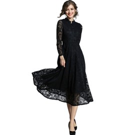 Yino Dress, Weddings, Black, Party Dress, Full Lace, Large Size, Ankle-Length Dress, Autumn/Winter/Spring, Formal, Lace Dress, Long Dress, Long Sleeve, A Line, After-Party, Elegant, 20s, 30s, 40s, 50s -
