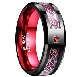 NUNCAD 8mm Tungsten Wedding Rings for Men Women Celtic Dragon Engagement Rings Red Carbon Fiber and Cubic Zirconia Inlay Comfort Fit Size 6-16, Tungsten Carbide