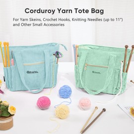 MYABGZING Corduroy Crochet Bag – Large Yarn Storage Tote with Grommets, Pockets & Needle Holders – Knitting Bag Organizer for Crochet Hooks, Accessories, Tools & Projects –Gift for Knitters & Crafters