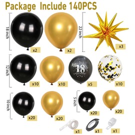 140Pcs 18th Birthday Decorations Balloons Arch -3D Butterfly Decor- Eve Party Supplies with Black & Gold Confetti Latex Balloons, Happy Birthday Banner - Perfect for 18th Party Decorations