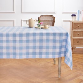 Solino Home Linen Checkered Tablecloth 60 x 120 Inch - 100% Pure Linen Chambray Blue and White Buffalo Check Table Cloth for Rectangle Tables - Machine Washable Tablecloth for Spring, Easter, Winter
