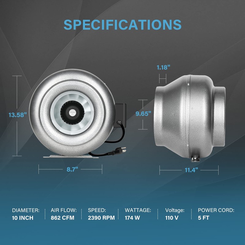 iPower 10 Inch 318 CFM Inline Duct Ventilation Fan Combo,