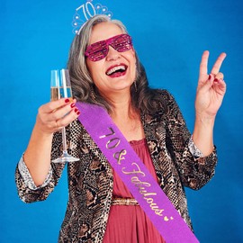 Casoty Purple 70th Birthday Sash and Tiara for Women, 70 & Fabulous Sash and Crown Set, Happy 70th Birthday Decorations, 8*5inch