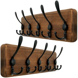WEBI Rustic Coat Rack Wall Mounted,Wood Coat Hanger Wall,5 Coat Hooks,16" Hole to Hole,Hook Rack Rail,5 Triple Hooks for Hanging Jacket,Clothes,Hats,Entryway,Brown,2 Packs