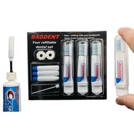 Bagdent Travel Toothbrushes and Toothpaste Empty Containers - 11 PCS/Set: 3X Foldable Toothbrushes, 6X Empty Refillable Tubes (0.12oz), 2X Filling Adapters, Travel Set, Emergency Set, Daily Use
