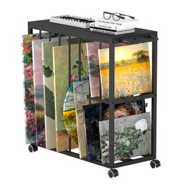 Art Cart Storage Rack with Rolling Wheels, Metal Display Rack for Paintings, Posters, Gallery Storage, Movable Organizer with Handle (Black)