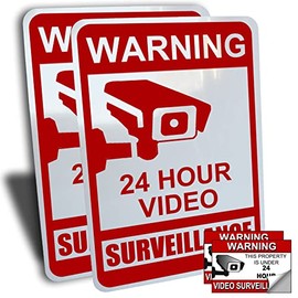 (2 Pack) Video Surveillance Signs, Aluminum, red, 7" by 10" Including 2 Stickers, 3 inch by 2 inch