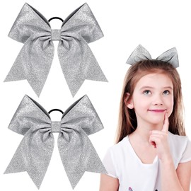 2 Packs Jumbo Cheerleading Bow 8 Inch Large Cheer Hair Bows with Ponytail Holder for Teen Girls Softball Outfit Uniform(Silver)
