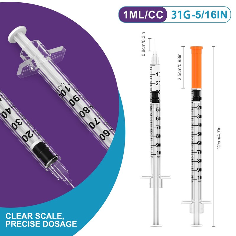 1ml/cc Disposable Syringes with 31Ga 5/16" (8mm) Needle,100Pack