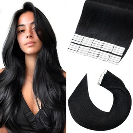 Elailite Tape in Hair Extensions Human Hair Black 40 Pcs - Invisible Skin Weft Real Remy Hair Extension Straight (#1 Jet Black, 12 Inch-60g)