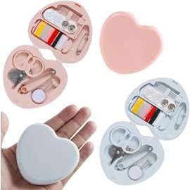 Plastic Blue Pink Mini Travel Sewing Kit, Heart-Shaped Mini Sewing Box, Emergency Sewing Kit, Ideal for Emergency Repair of Clothing While Traveling and in The Office Sewing