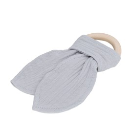 Baby Teething Wooden Ring, Teething Toy for Babies Wood Ring Teether Ears Cotton Gauze Hand Grip Training Ring Toy (Grey)