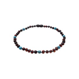 Genuine Amber Necklace From Baltic Sea Made With Polished Cherry & Turquoise 33 cm (13 Inches)
