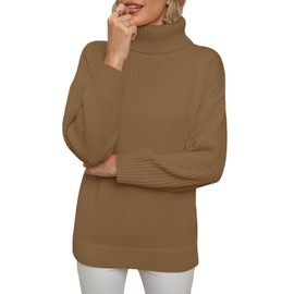 Jouica Women's Casual Turtleneck Pullover Sweater Loose Long Sleeve Jumper Top,Khaki,Small