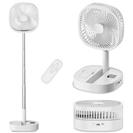 Dhenrio Portable Oscillating Pedestal Fan with Romote, 4 Speed 120° Telescopic Rotation Foldable Standing Collapsible Fans, 7200Mah Rechargeable, Quiet Timer DeskFan for Travel Outdoor Camping, White