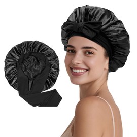 Novvia Silk-Like Satin Sleep Cap – Double-Layer Reversible Bonnet for Sleeping, Anti-Frizz Protection for Curly Hair, Smooth and Breathable Sleeping Cap for Night Use-Black