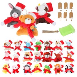 Kuabiz 24 Set Bulk Christmas Mini Stuffed Animals with Hat and Scarf Mini Xmas Soft Plush Animals Toys with Gift Tags Organza Bags for Christmas Tree Decor Stocking Fillers Holiday Party Favors