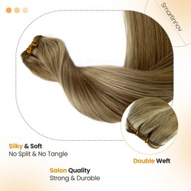 Sew in Hair Weft Extensions Human Hair 22 Inch 120G Hand Tied Weft Hair Extensions Blonde Real Remy Hair Sew In Weave Extensions Ash Brown with Platinum Blonde Highlight Human Hair Double Weft Bundles
