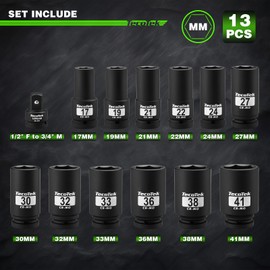 TecoTek 3/4" Drive Deep 6-Point Impact Socket Set, 13-Piece Jumbo Assortment, Cr-Mo, Metric (17mm to 41mm), 1/2" F to 3/4" M Impact Socket Adapter, for Large Vehicle and Apparatus Maintenance