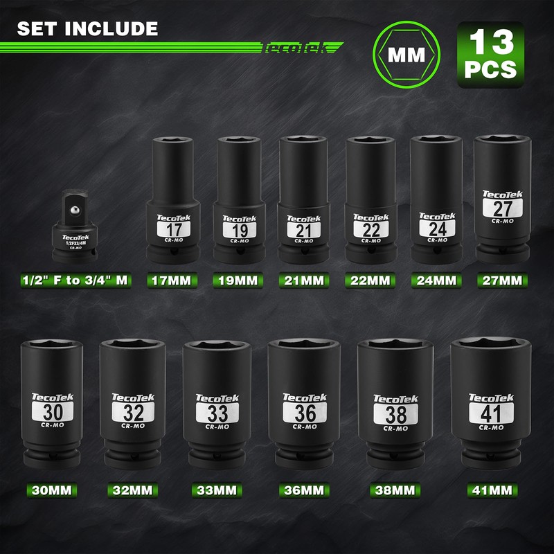 TecoTek 3/4" Drive Deep 6-Point Impact Socket Set, 13-Piece Jumbo