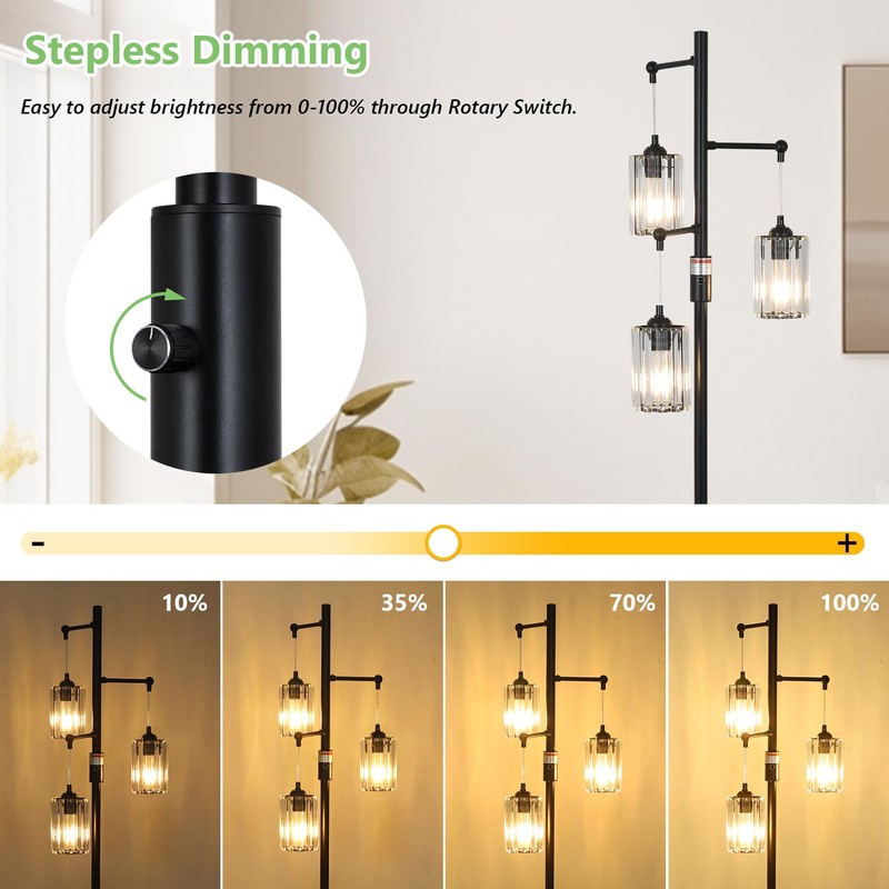 Stepeak Black Modern Crystal Floor Lamp, 3 Lights Standing Lamp