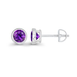 925 Sterling Silver 4mm Round Bezel Set Natural Purple Amethyst February Birthstone Screwback Stud Earrings