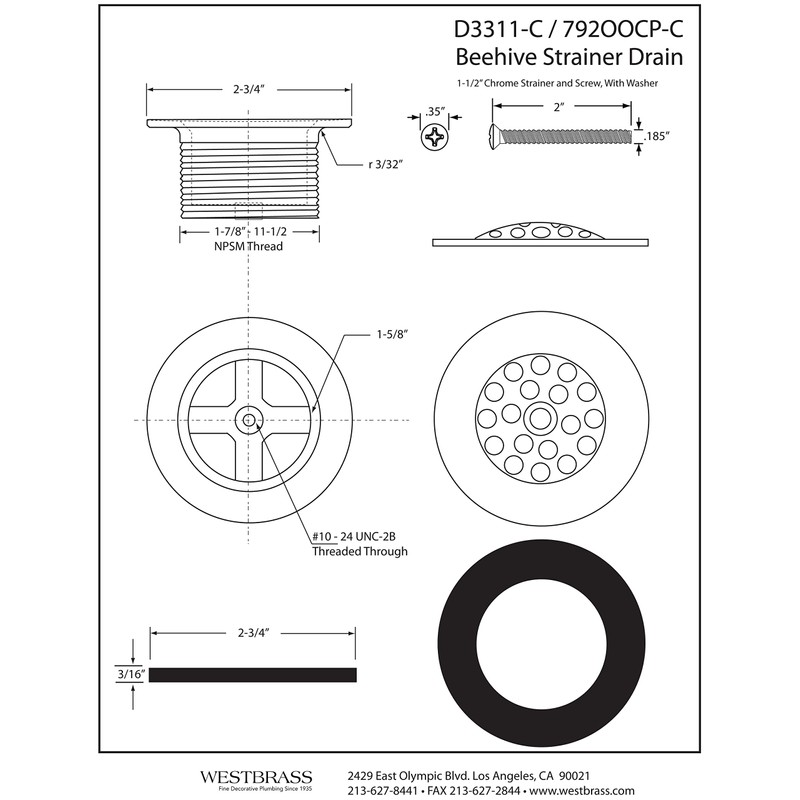 Westbrass 1-1/2” Bath Drain with Grid and Screw, Matte Black,