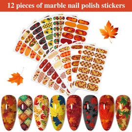 YECIRALA 12 Sheets 168 Pcs Fall Nail Polish Stickers Maple Leaf Nail Stickers Full Nail Wraps Fall Nail Polish Strips for Women Girls Thanksgiving Day Gel Nail Strips Stick On Nails Design Stickers