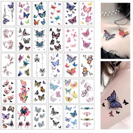 30 Sheets Colorful Butterfly Temporary Tattoos for Women, Waterproof Fake Body Art Stickers, Floral Arm & Ankle Tattoo Set, Party Festival Accessories​